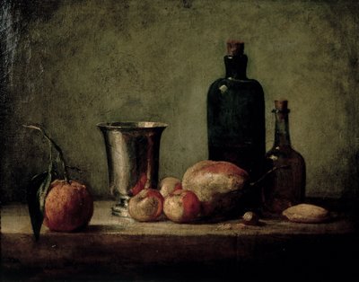 Nature morte avec gobelet en argent, fruits et bouteilles sur une table - Jean Baptiste Simeon Chardin